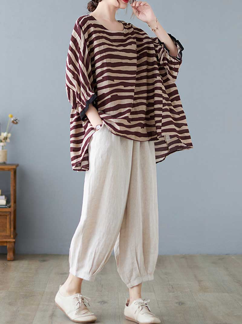 Printed Stripes Style Round-Neck Top