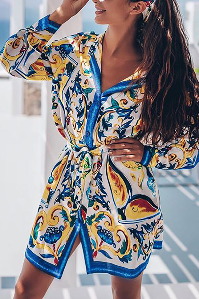 Deep V-Neck Long Sleeve Print Shirt Dress - Mislish