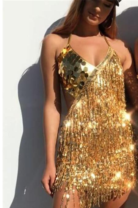 Halter Tassel Sequins Cut Out Dress