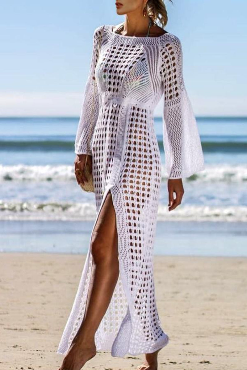 Flare Sleeve Knitted White Swimsuit Cover Up