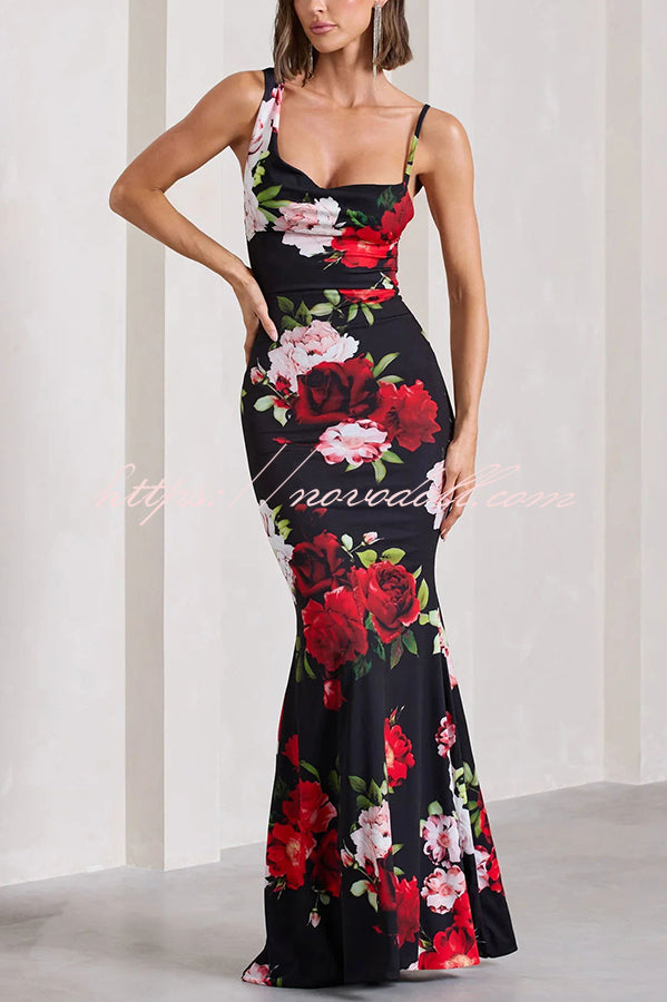 Keep Blooming Floral Print Asymmetric Cowl Neckline Stretch Maxi Dress - Fashionpara