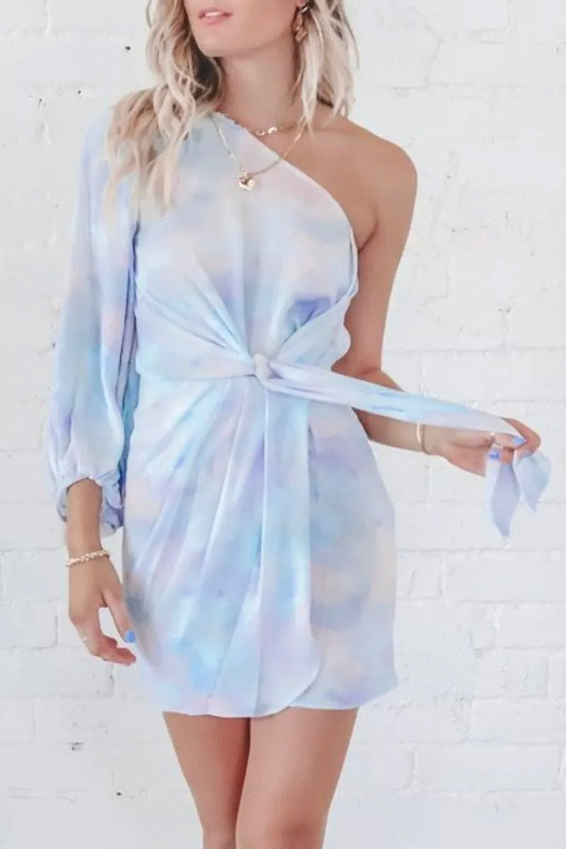 One Shoulder Tie-dye Baby Blue Mini Dress