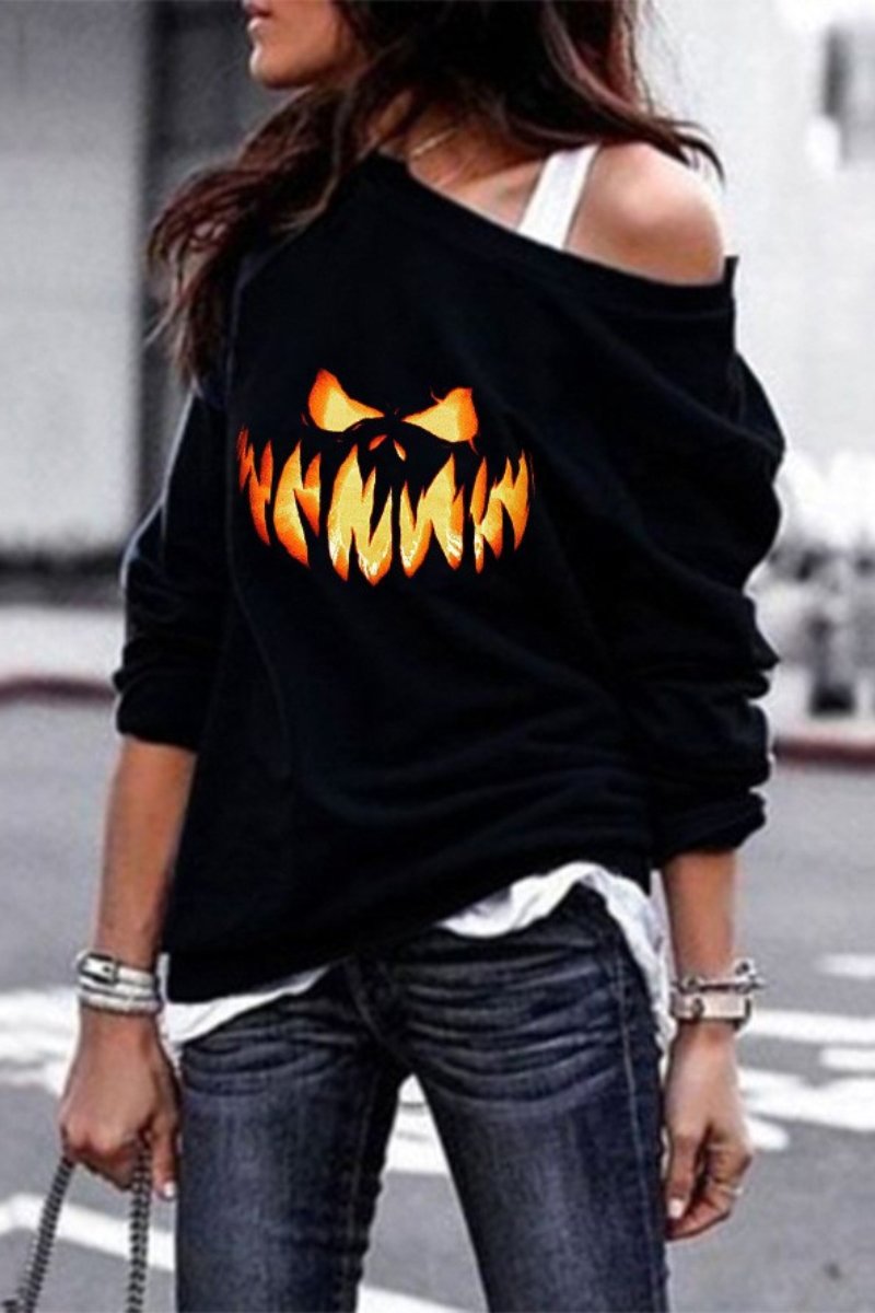 Halloween Print One Shoulder Long Sleeves Sweatshirt