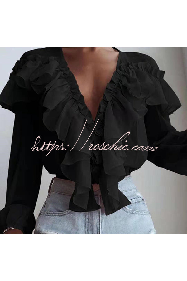 Spliced ruffled V Neck Pleated Long Sleeved Top