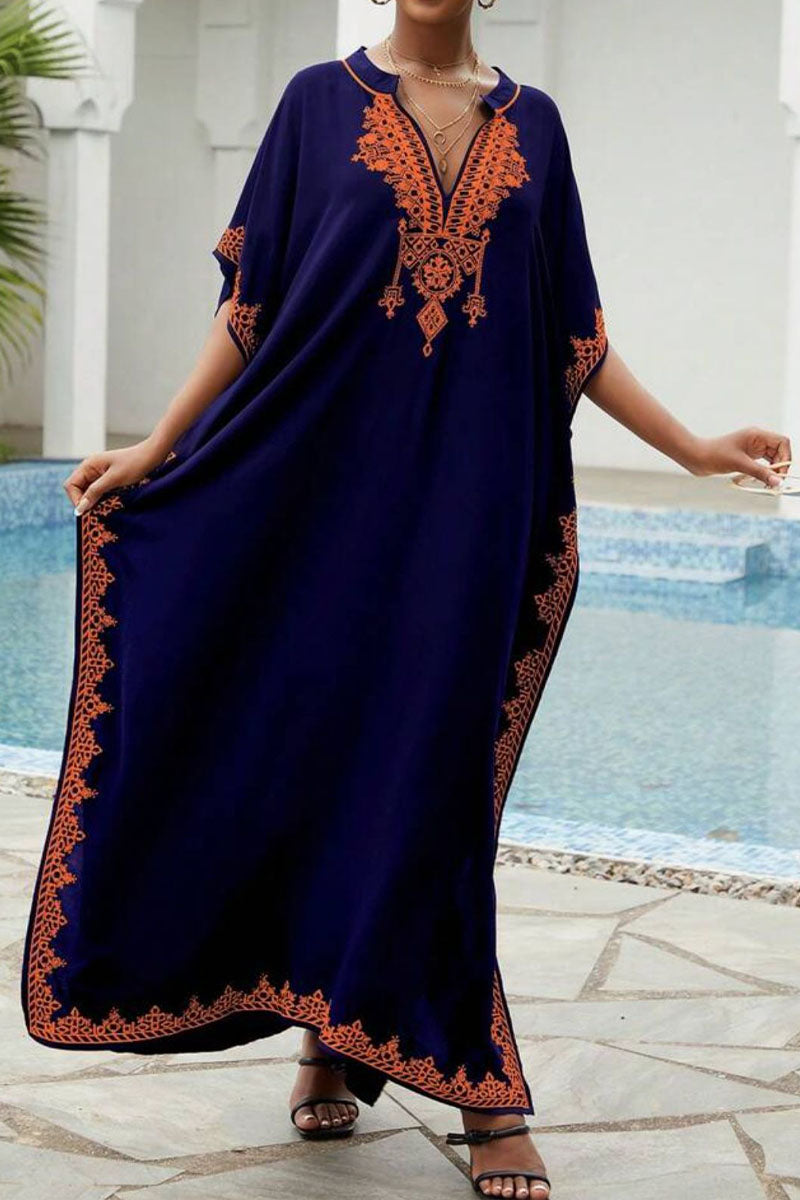 Beach Vacation Embroidered Stand Collar Cover Up Dress