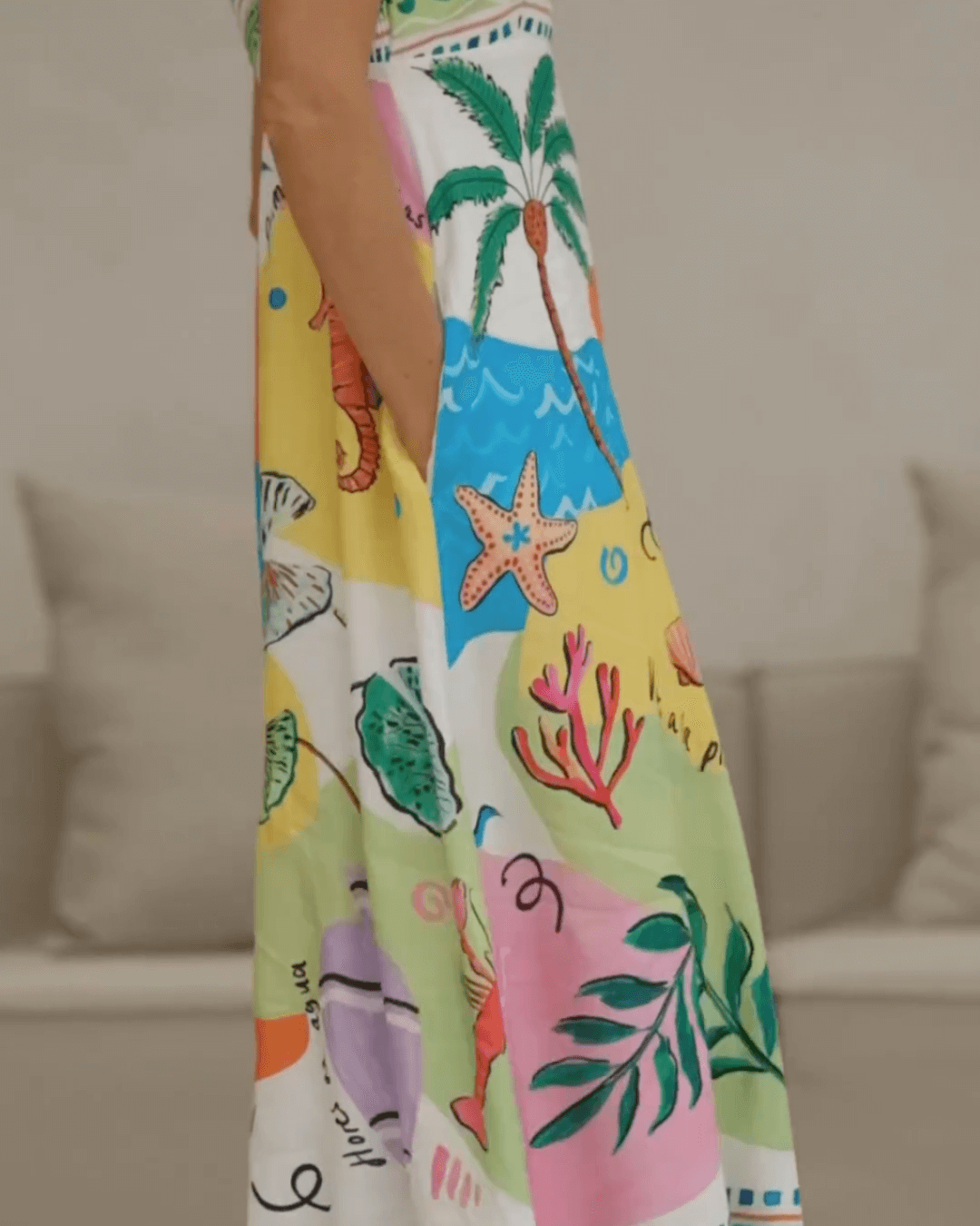 Linen Blend Unique Print Smocked Back Pocket Maxi Dress - Fashionpara