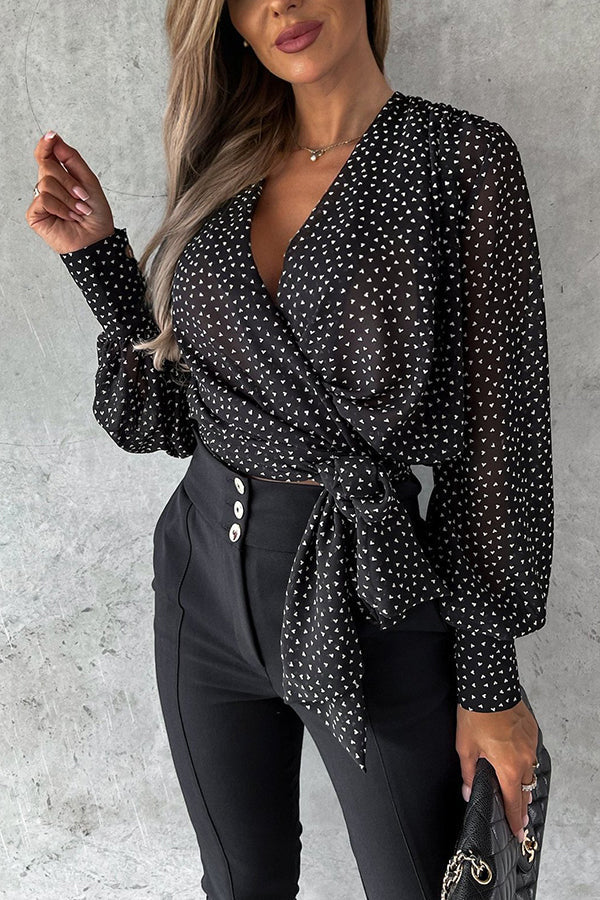 Unique Printed V Neck Strappy Pleated Shirt