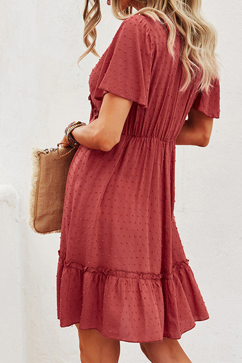 Solid color V Neck High Waist Casual Dress