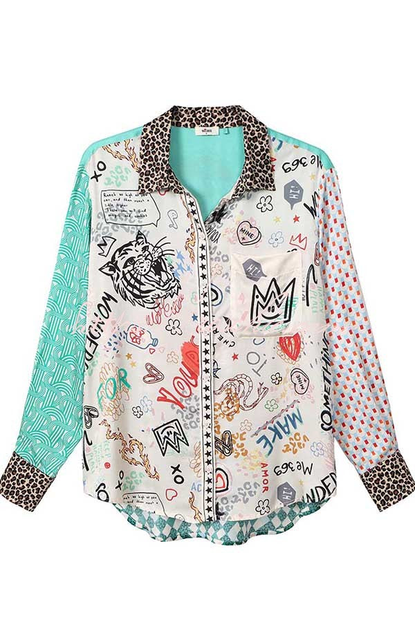 Unique Graffiti Print Patchwork Pocket Loose Shirt