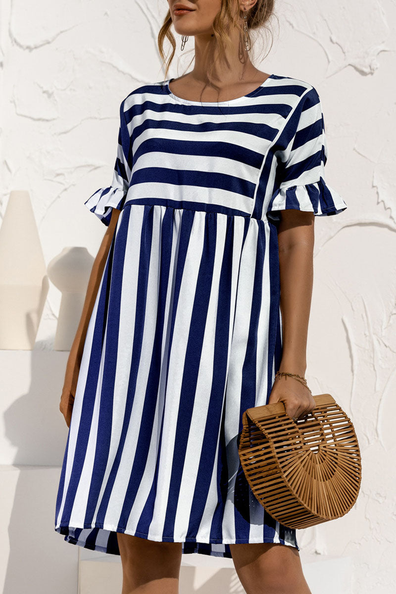 Fashion Casual Striped Patchwork O Neck A Line Dresses(4 Colors)