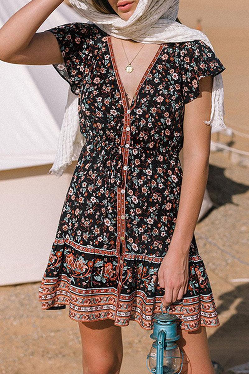 Fashion Street Print Patchwork V Neck A Line Dresses