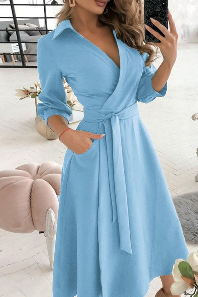 Fashion Casual Solid Frenulum V Neck A Line Dresses