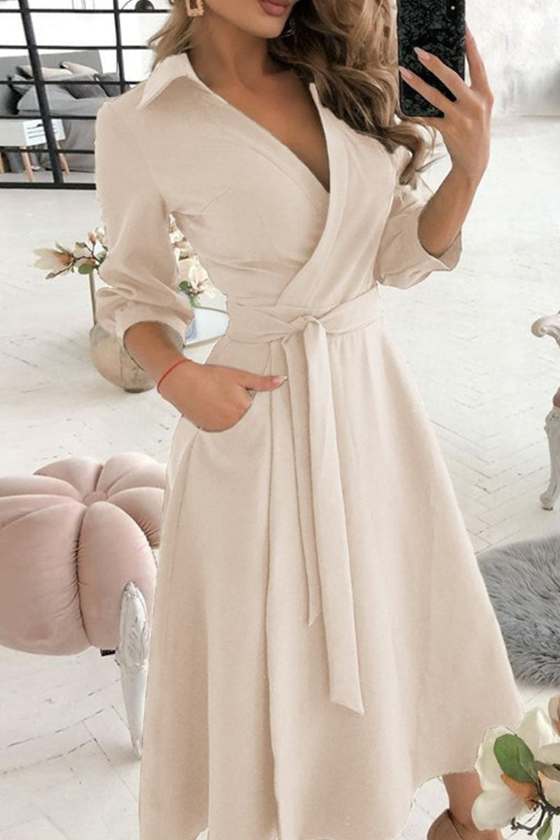 Fashion Casual Solid Frenulum V Neck A Line Dresses