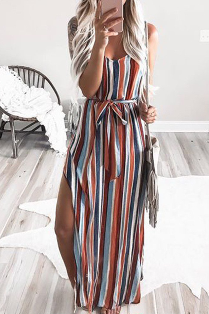 Elegant Striped High Opening With Belt V Neck A Line Dresses