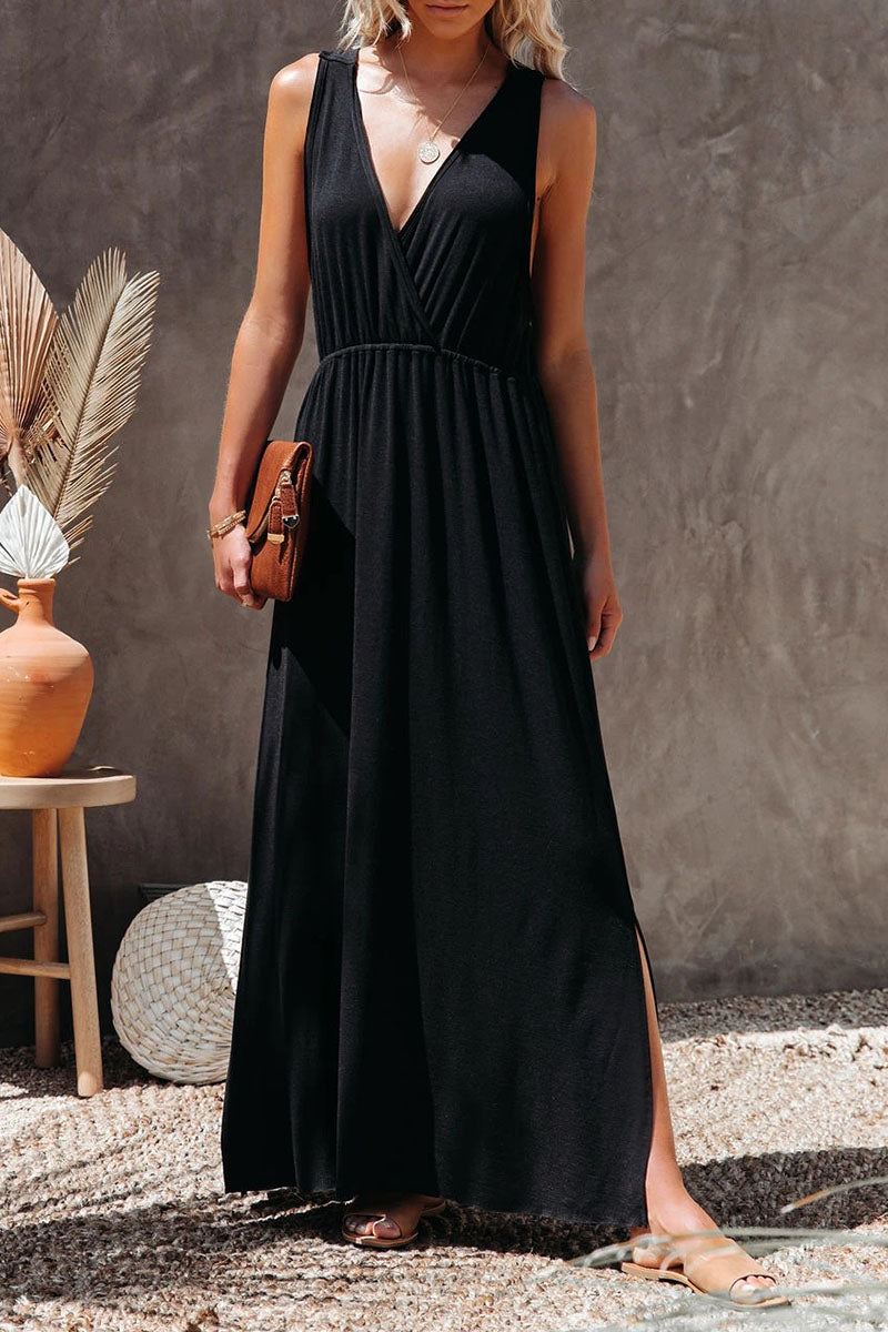 Fashion Solid Slit V Neck A Line Maxi Dresses