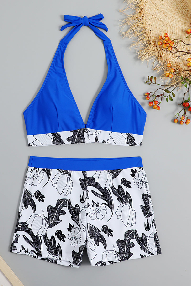 Plant Print V Neck High Waist Swimsuit