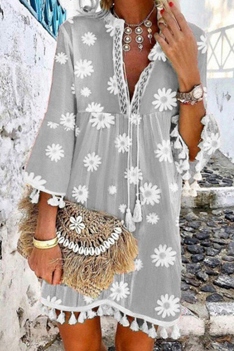 Elegant Patchwork Floral Tassel V Neck A Line Dresses(5 Colors)