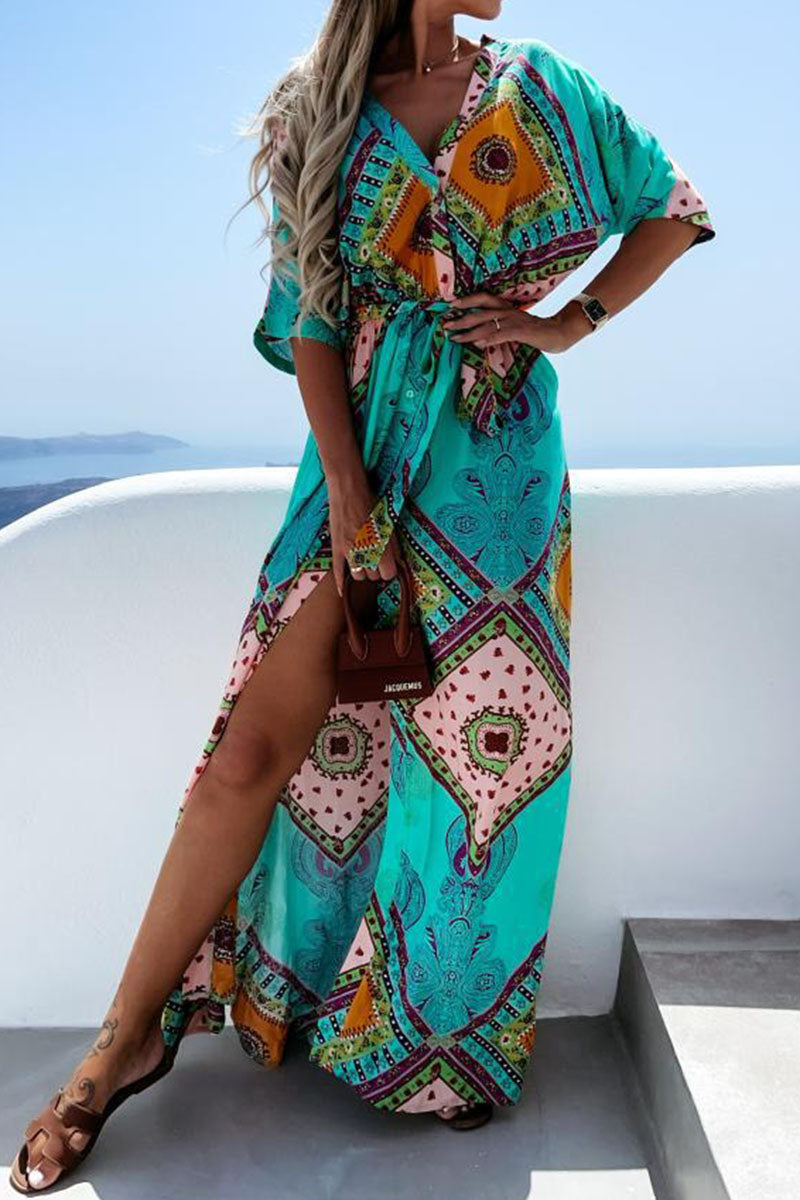 Fashion Sweet Print Split Joint V Neck A Line Dresses