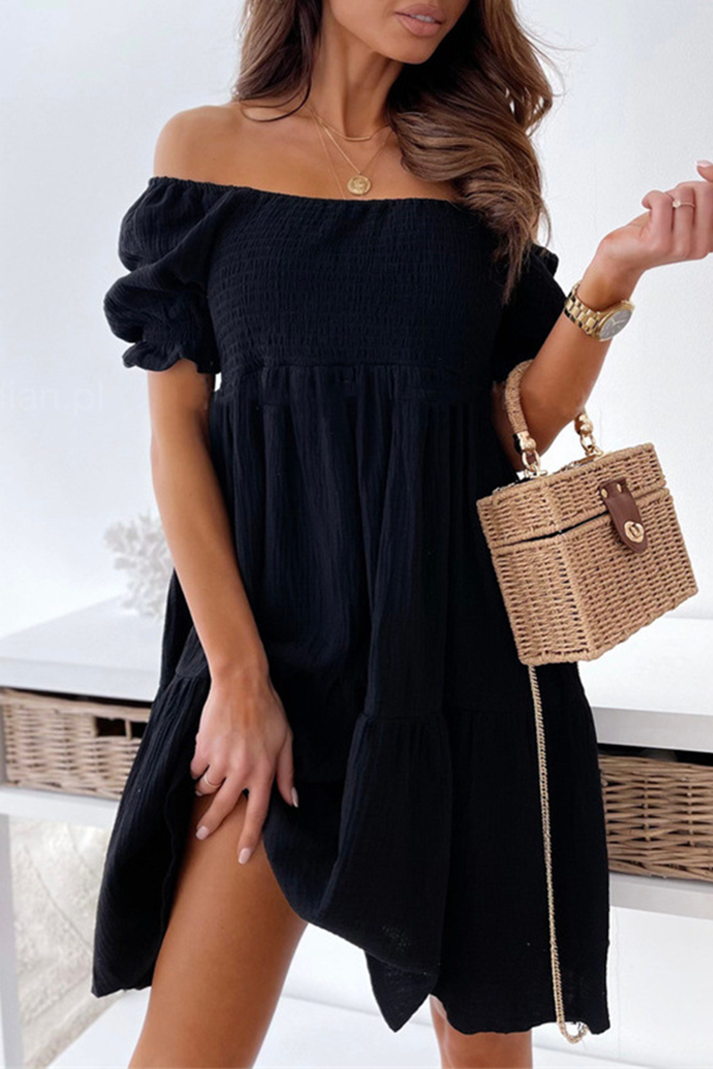 Casual Elegant Solid Patchwork Flounce Off the Shoulder A Line Dresses(3 Colors)