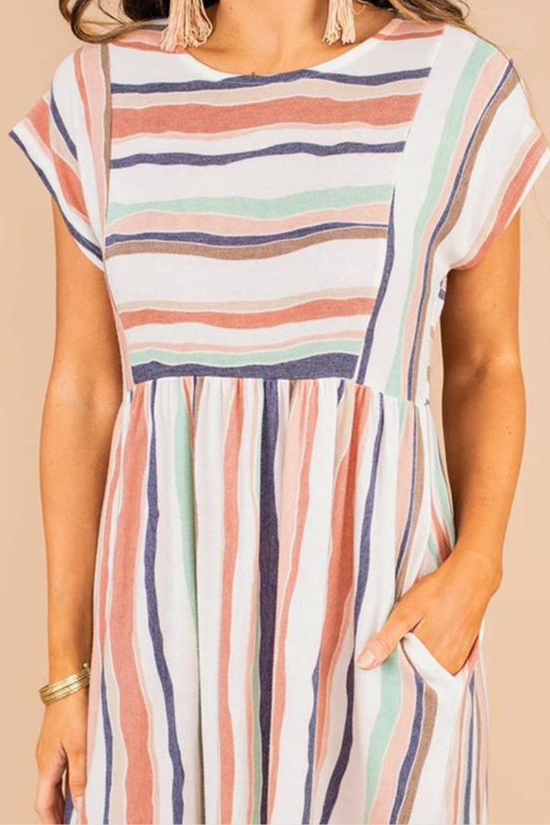 Casual Striped Patchwork Pocket O Neck A Line Dresses