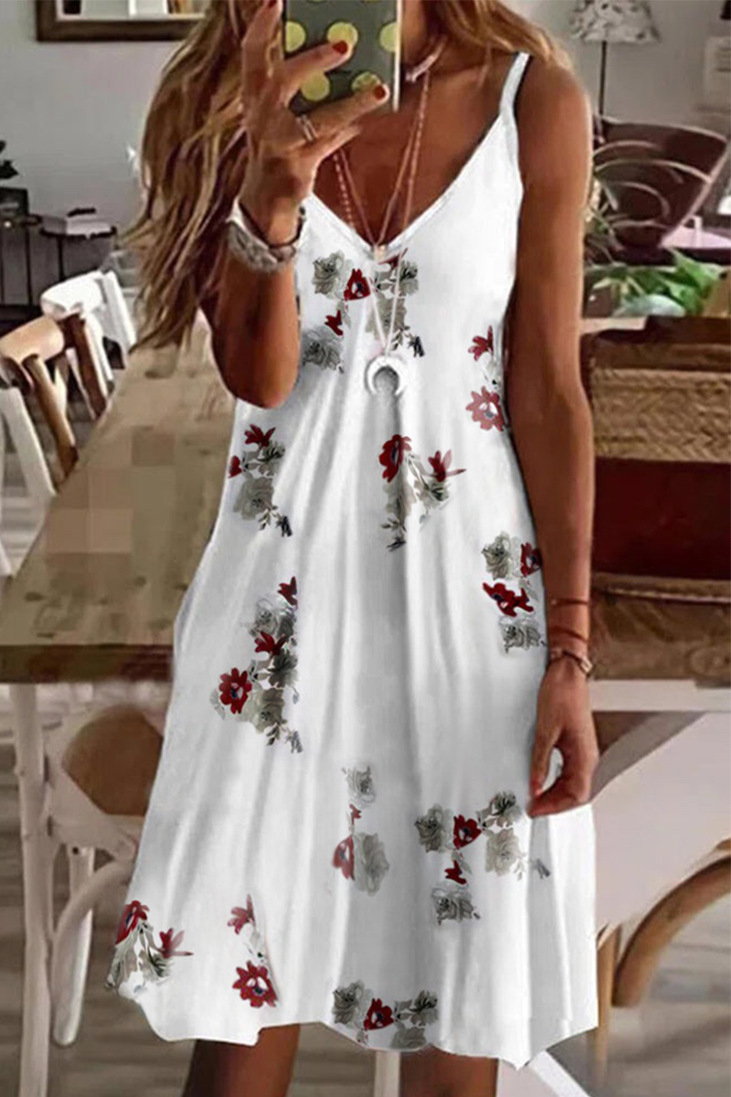 Casual Print Patchwork V Neck A Line Dresses(4 Colors)