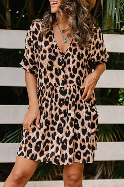 Casual Leopard Buckle Flounce V Neck A Line Dresses