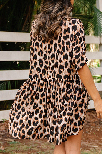 Casual Leopard Buckle Flounce V Neck A Line Dresses