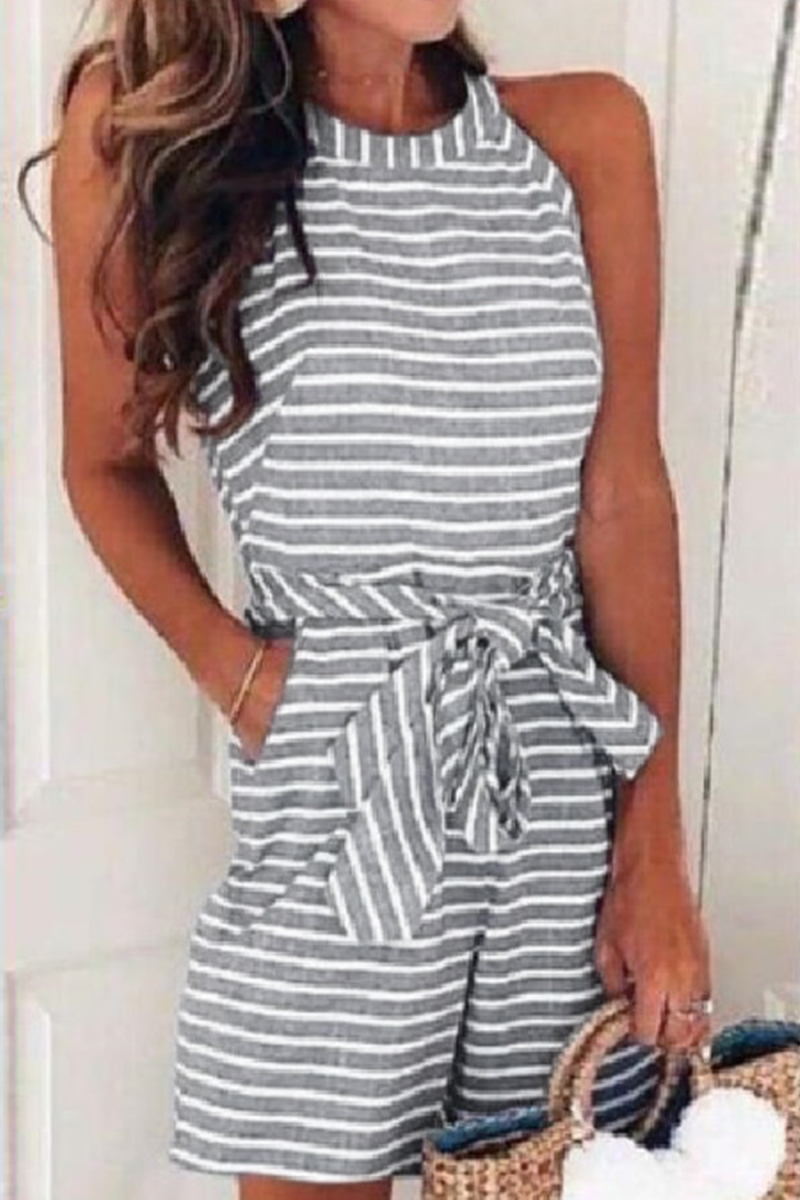 Casual Patchwork Bandage With Belt O Neck Loose Rompers(5 Colors)