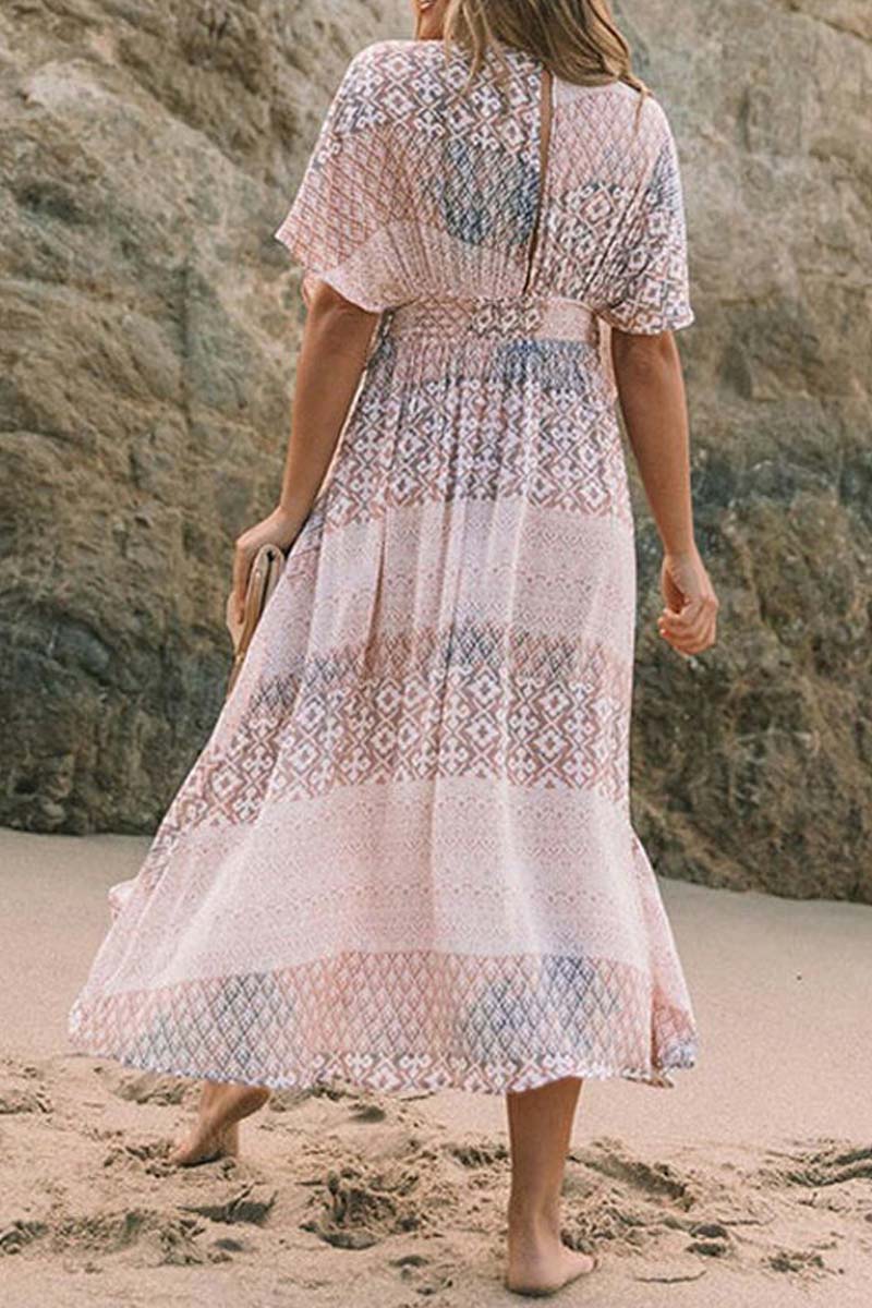 Bohemian Floral Print Deep V Short Sleeve High Split Midi Cover Up