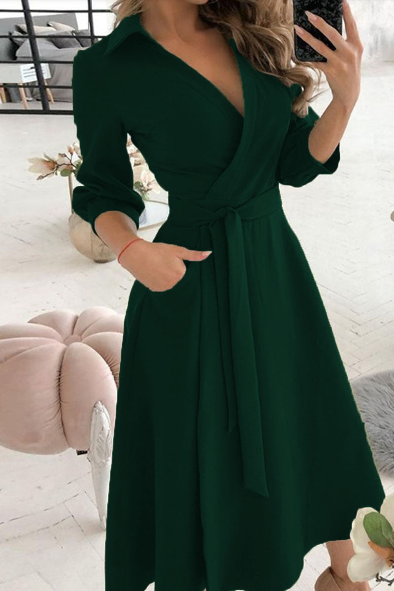 Fashion Casual Solid Frenulum V Neck A Line Dresses