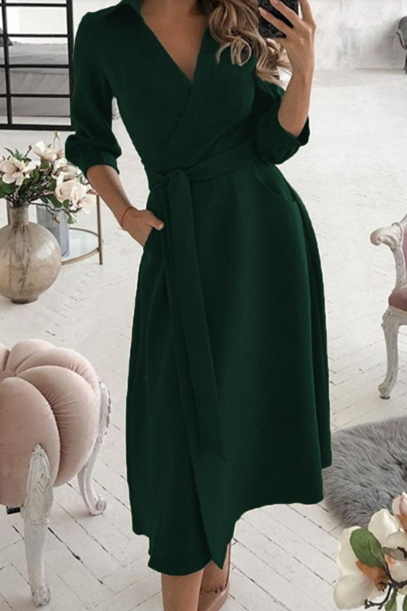 Fashion Casual Solid Frenulum V Neck A Line Dresses