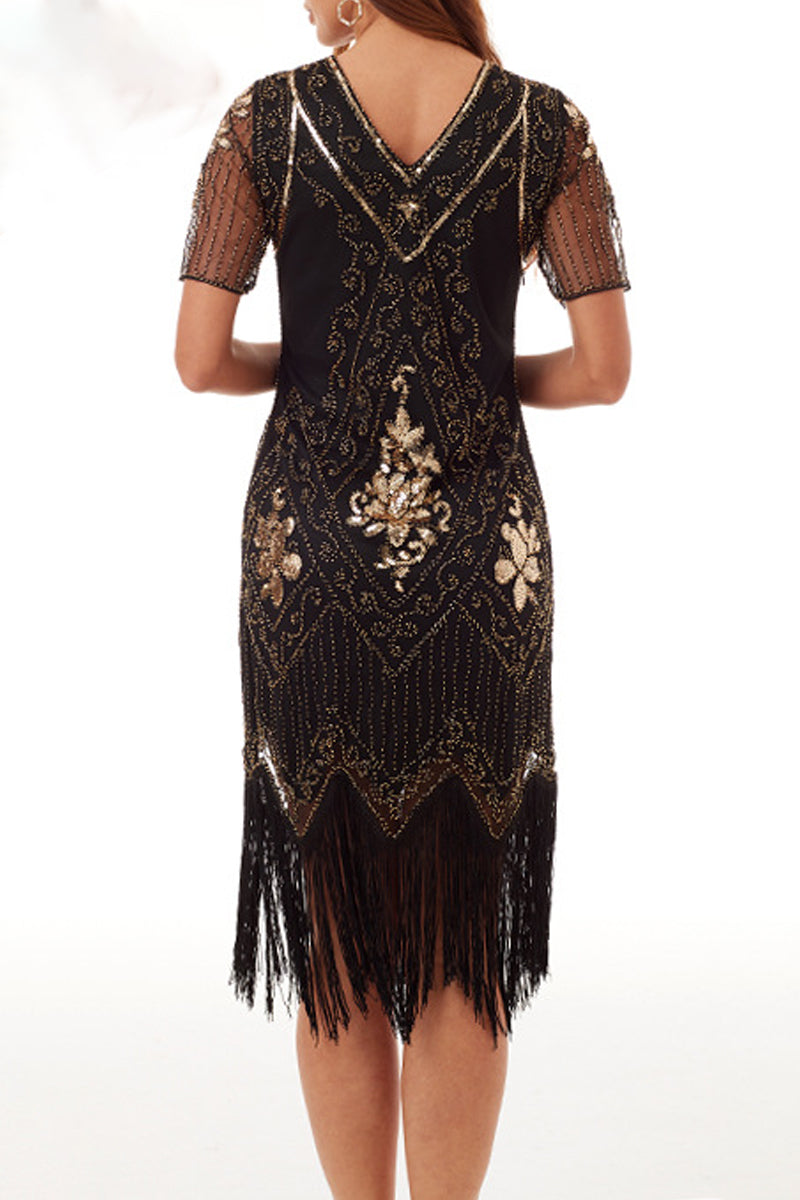 Sexy Party Patchwork Tassel Sequins V Neck A Line Dresses