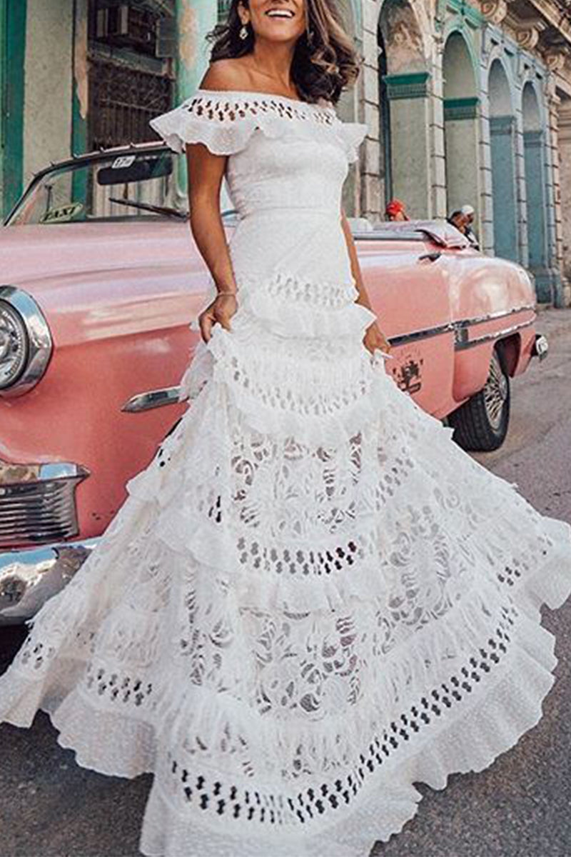 Celebrities Elegant Solid Lace Hollowed Out Without Belt Off the Shoulder A Line Dresses