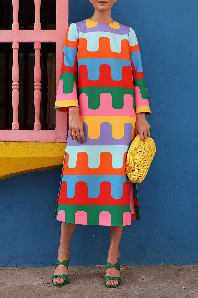 Sweet Cute Geometric Print Contrast O Neck A Line Dresses