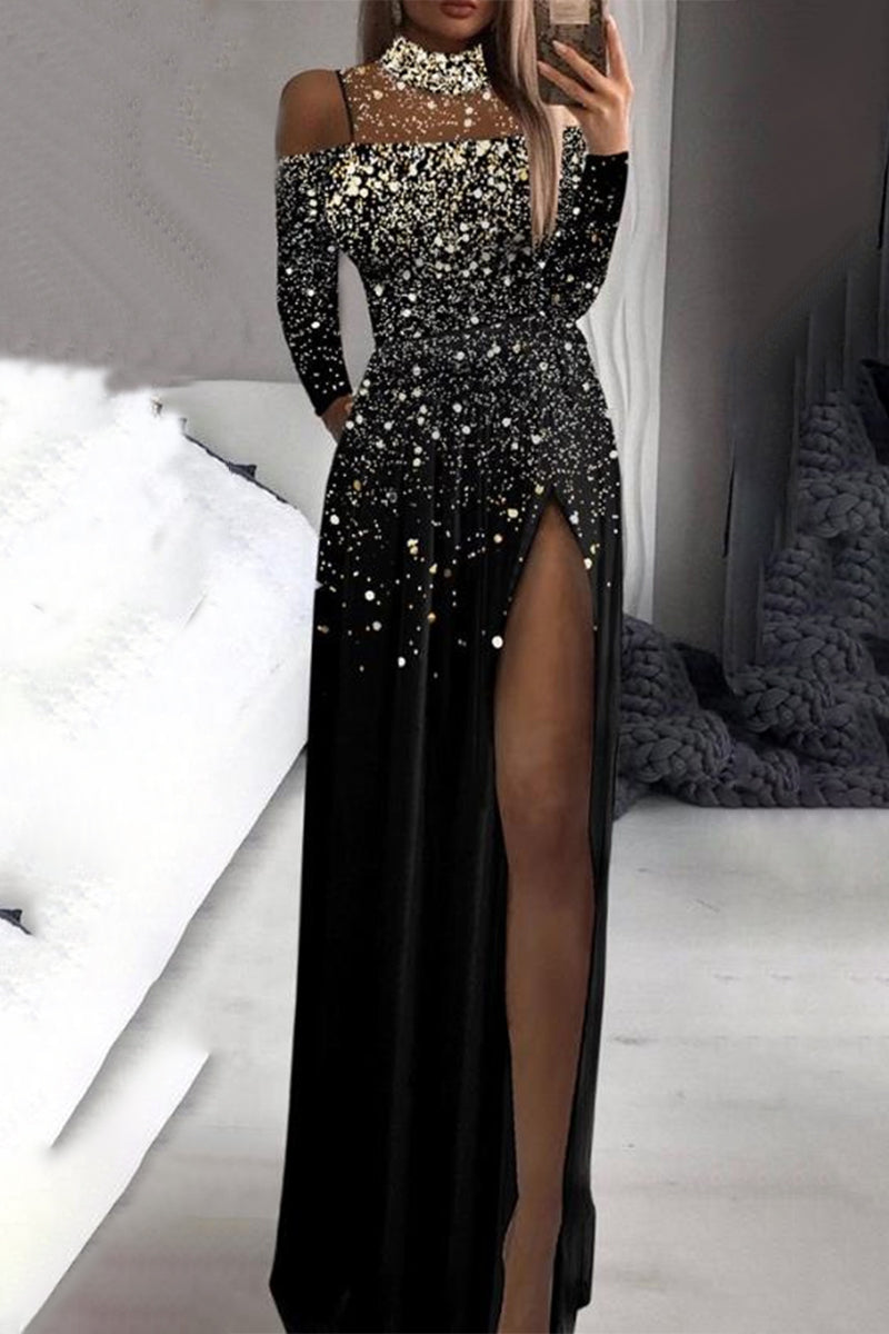 Elegant Formal Print Slit Sequined Turtleneck Evening Dress Dresses - Fashionpara