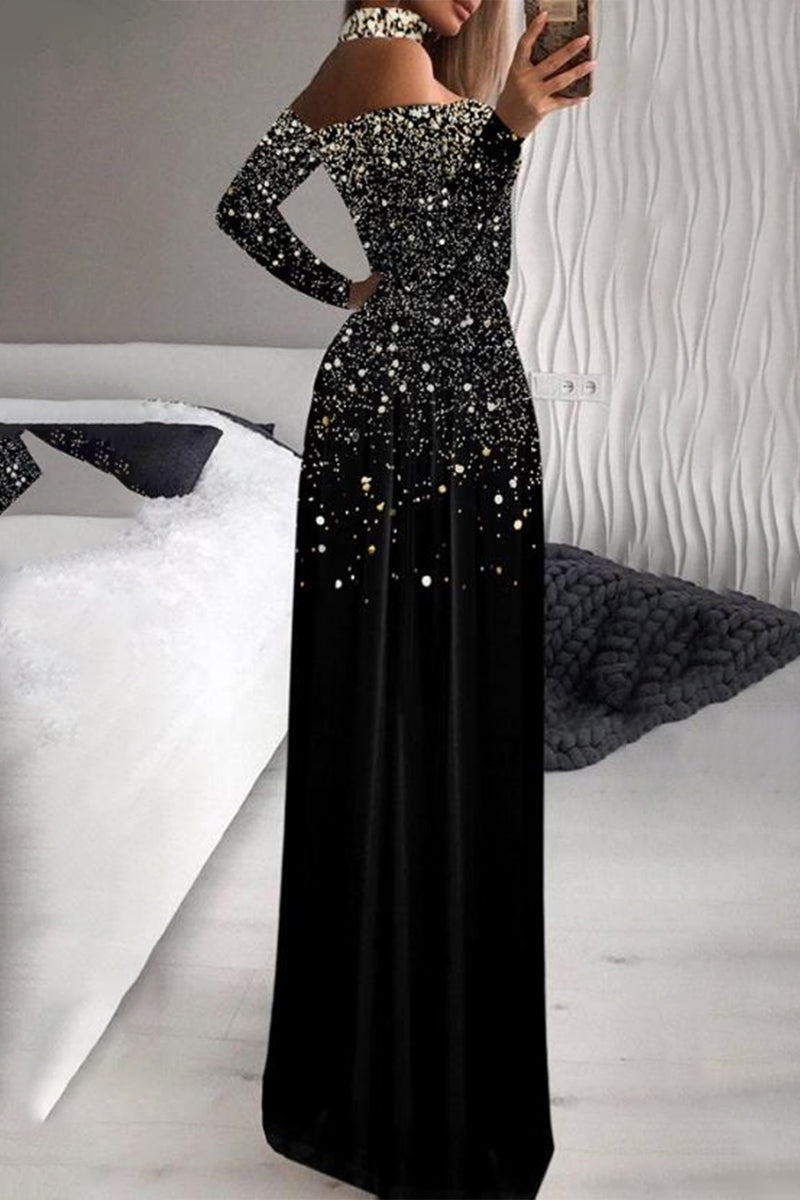 Elegant Formal Print Slit Sequined Turtleneck Evening Dress Dresses - Fashionpara