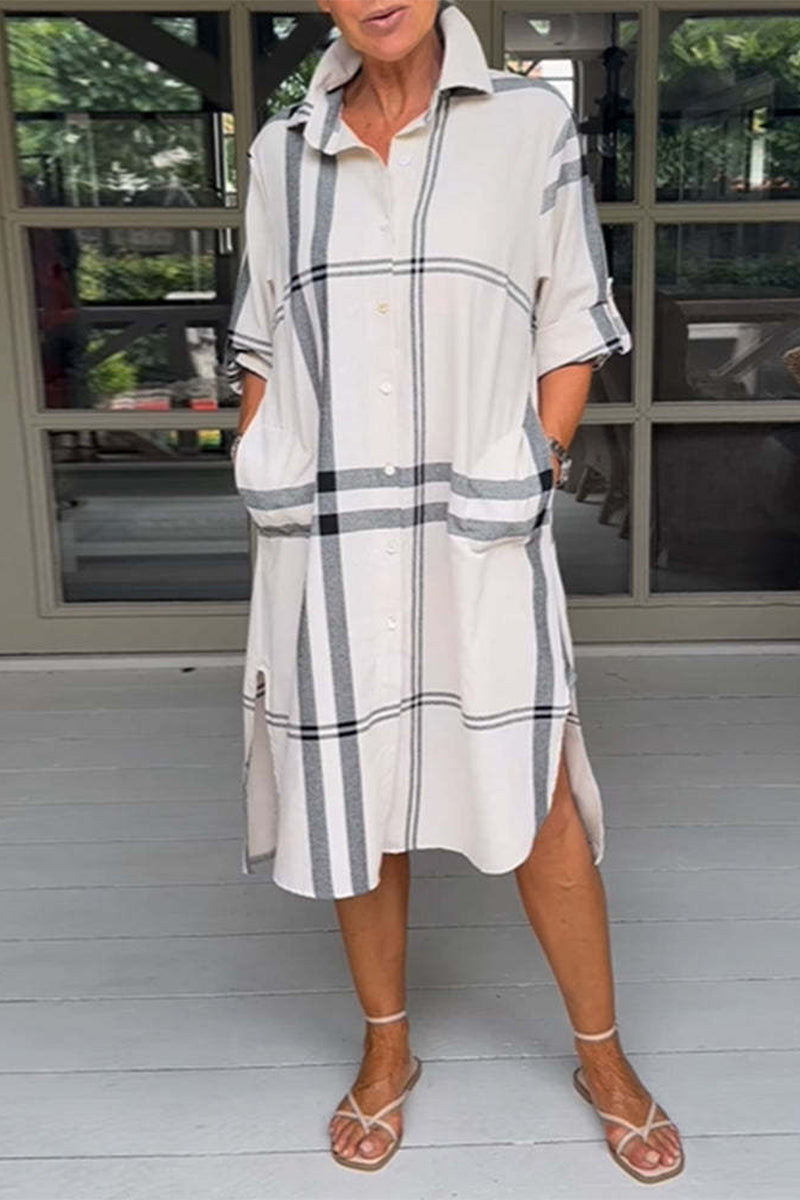 Casual Simplicity Plaid Pocket Turndown Collar A Line Dresses