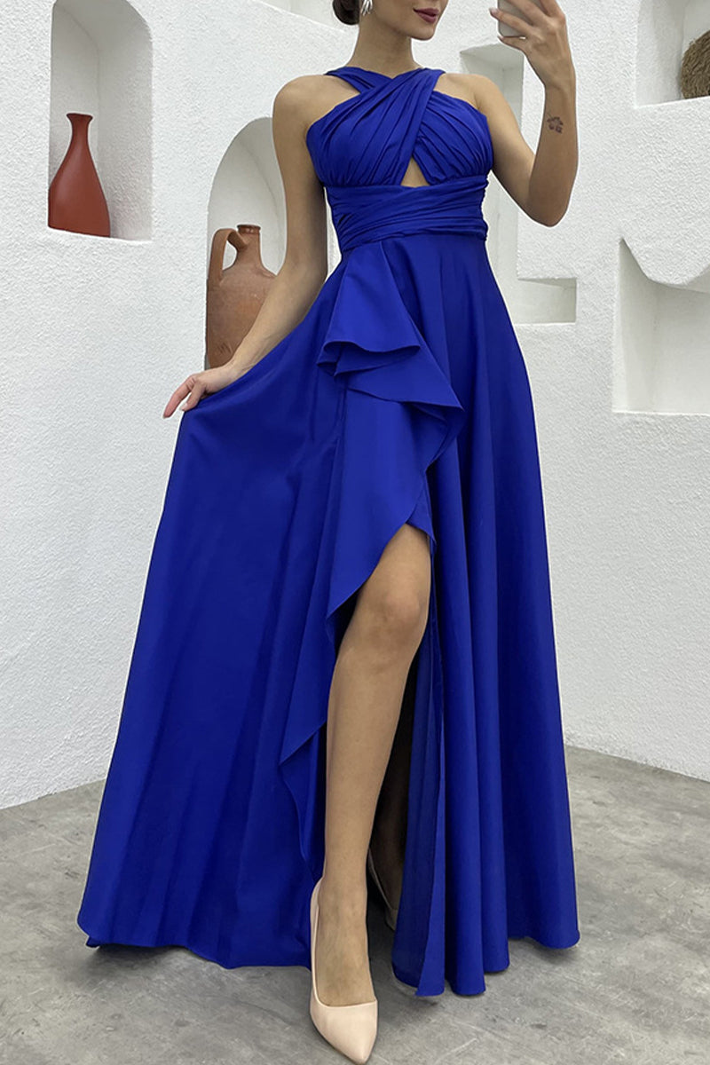 Elegant Formal Solid Slit Asymmetrical Halter Evening Dress Dresses - Fashionpara