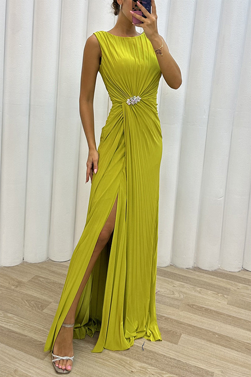 Elegant Formal Solid Slit Fold O Neck Evening Dress Dresses - Fashionpara