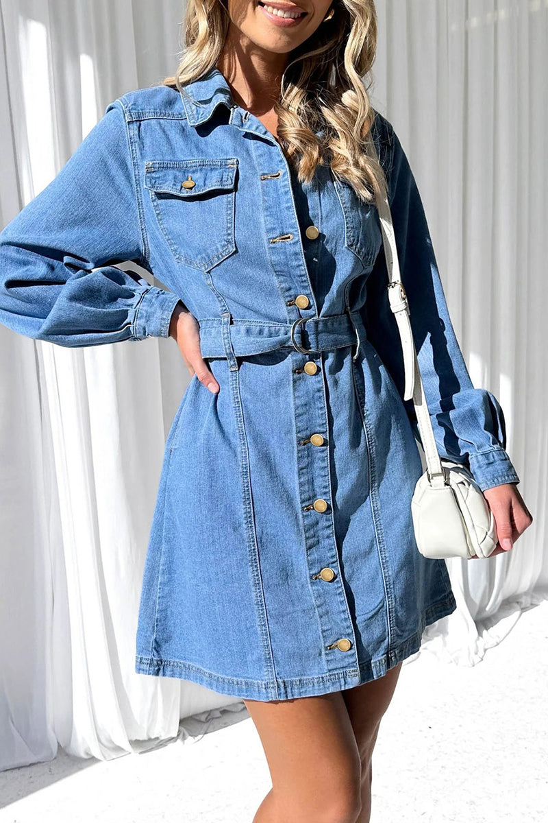 Casual Solid Pocket Buckle With Belt Turndown Collar Long Sleeve Straight Denim Dresses - Fashionpara