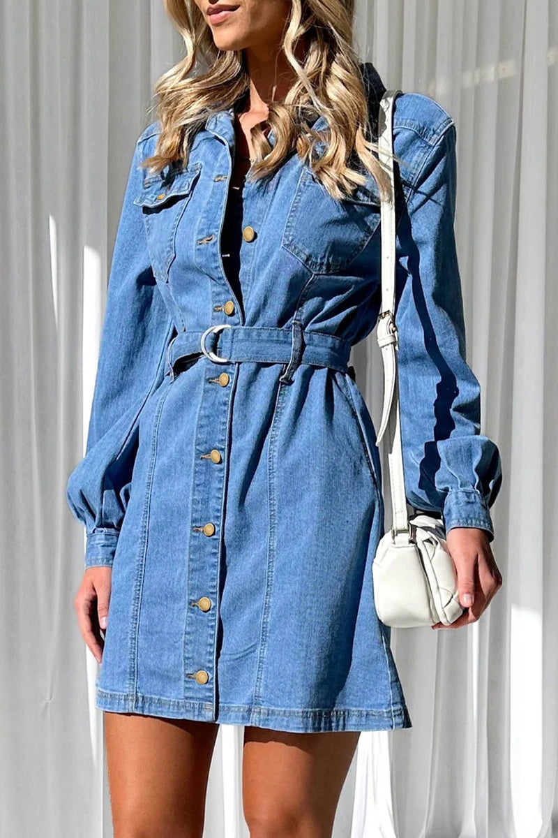 Casual Solid Pocket Buckle With Belt Turndown Collar Long Sleeve Straight Denim Dresses - Fashionpara