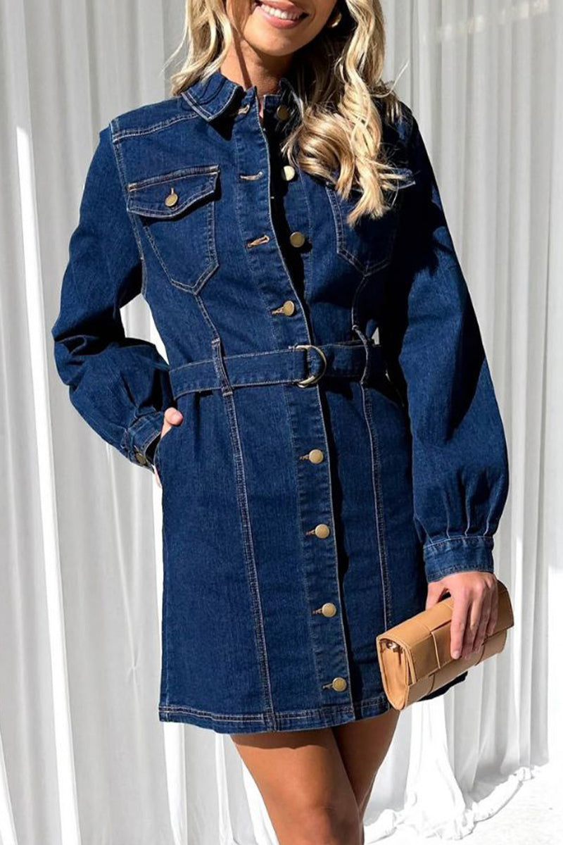 Casual Solid Pocket Buckle With Belt Turndown Collar Long Sleeve Straight Denim Dresses - Fashionpara