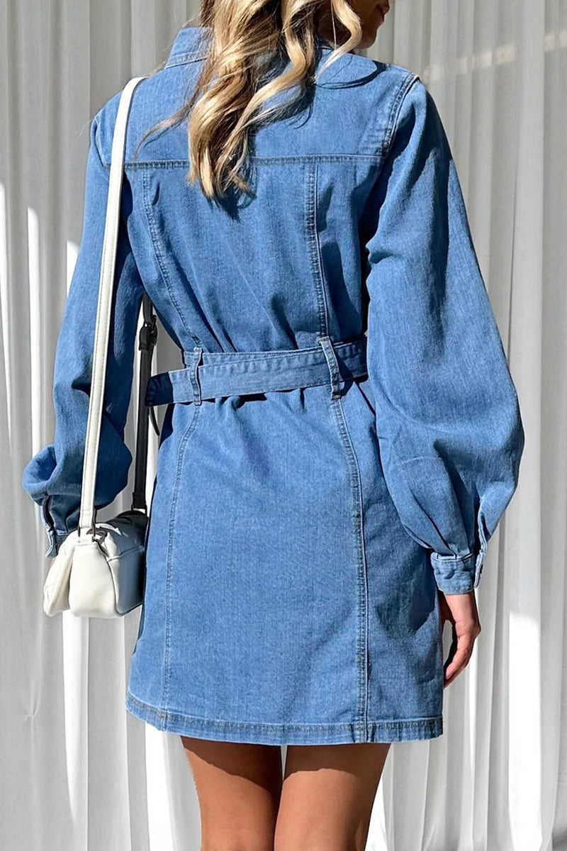 Casual Solid Pocket Buckle With Belt Turndown Collar Long Sleeve Straight Denim Dresses - Fashionpara