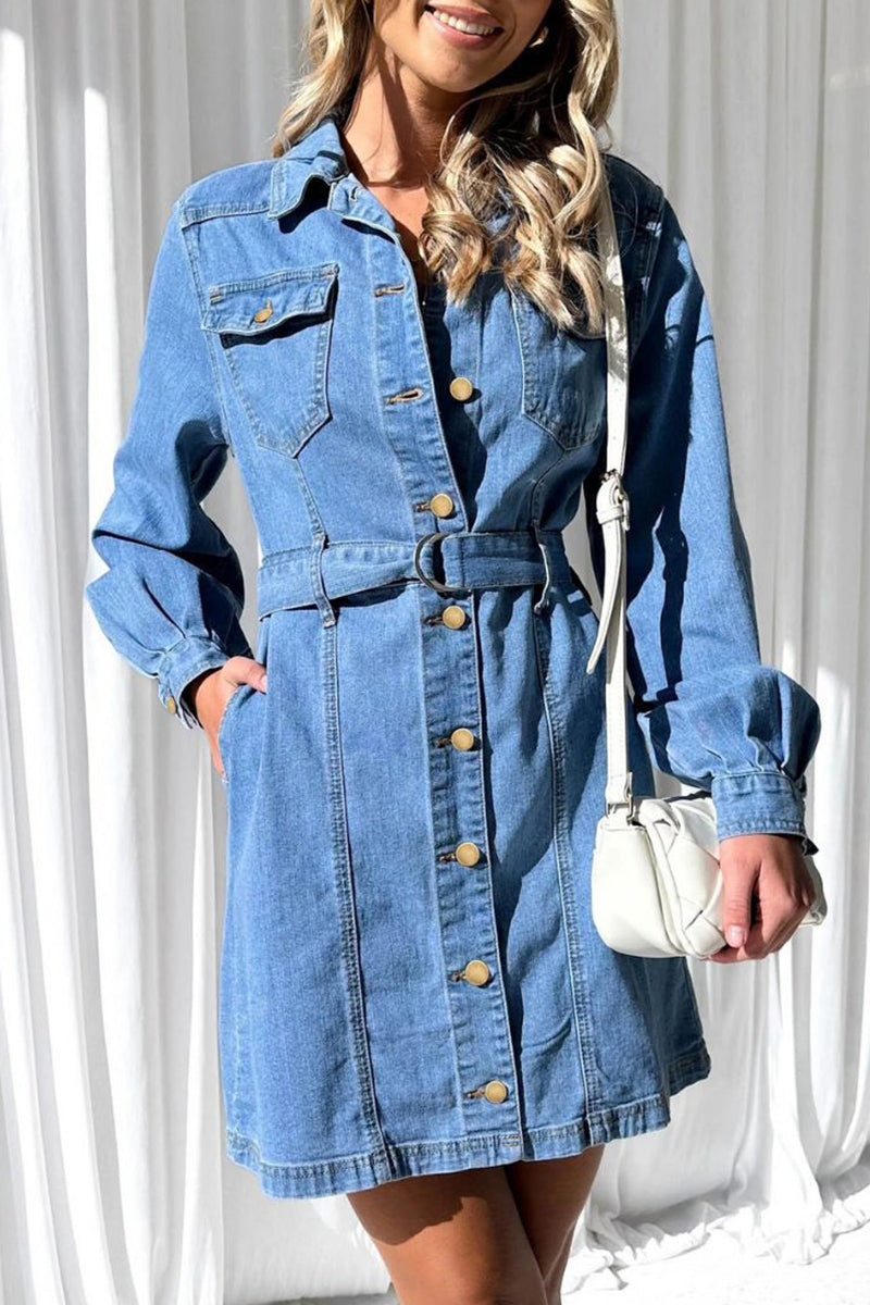 Casual Solid Pocket Buckle With Belt Turndown Collar Long Sleeve Straight Denim Dresses - Fashionpara