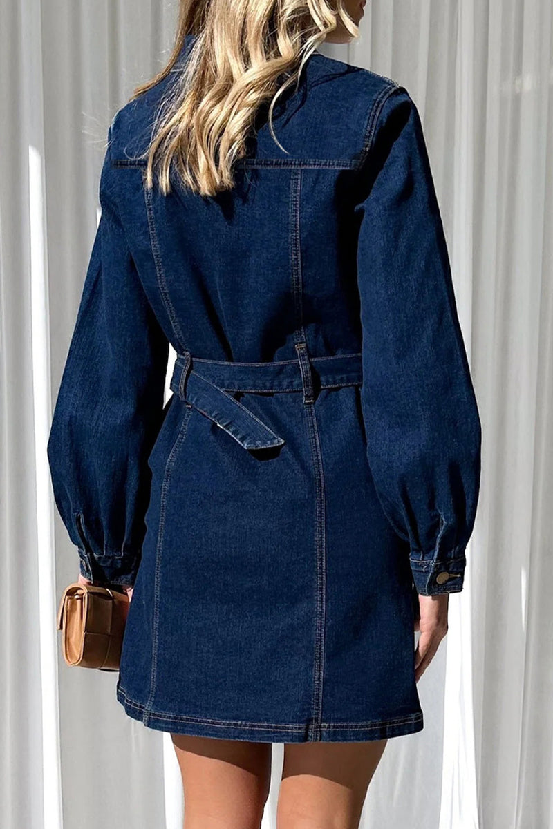 Casual Solid Pocket Buckle With Belt Turndown Collar Long Sleeve Straight Denim Dresses - Fashionpara