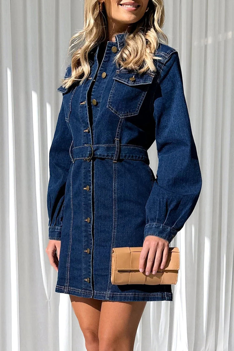 Casual Solid Pocket Buckle With Belt Turndown Collar Long Sleeve Straight Denim Dresses - Fashionpara