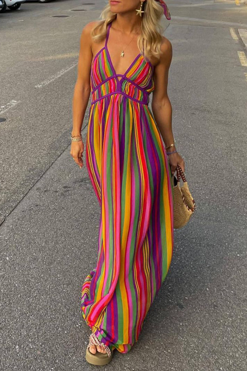 Sexy Vacation Striped Contrast V Neck Dresses - Fashionpara