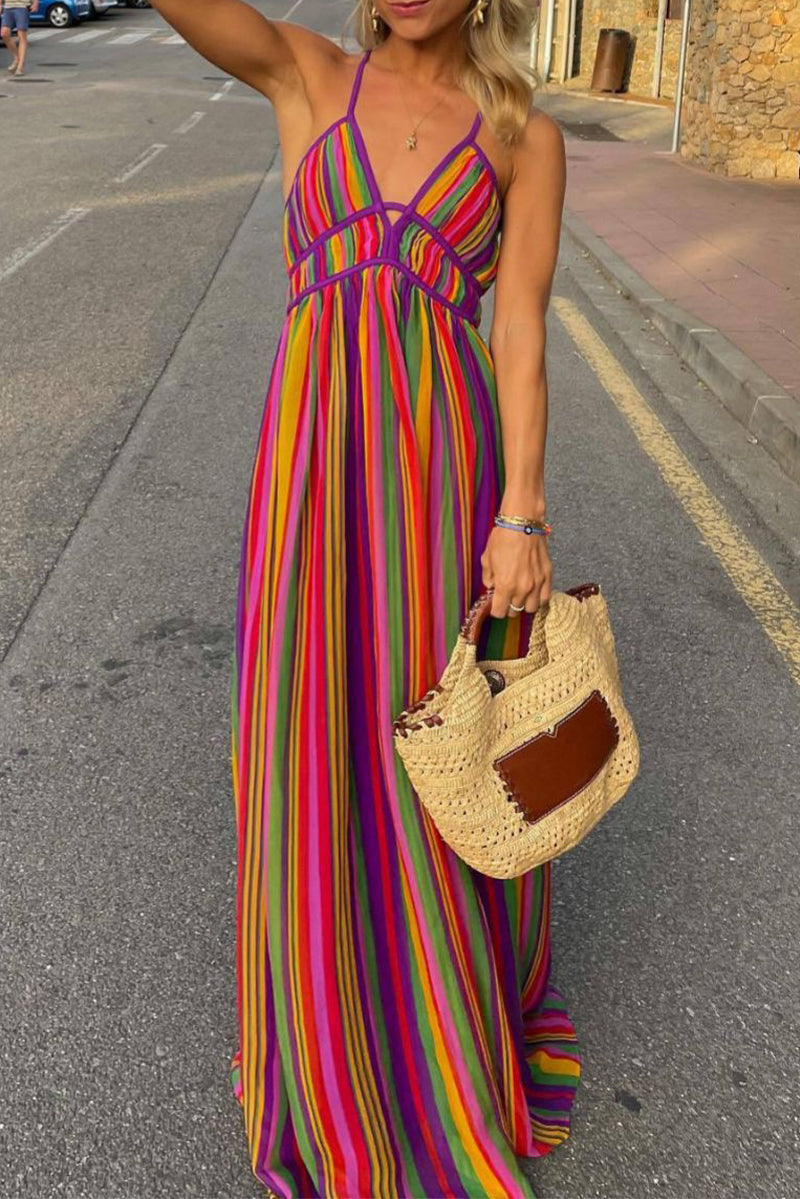 Sexy Vacation Striped Contrast V Neck Dresses - Fashionpara