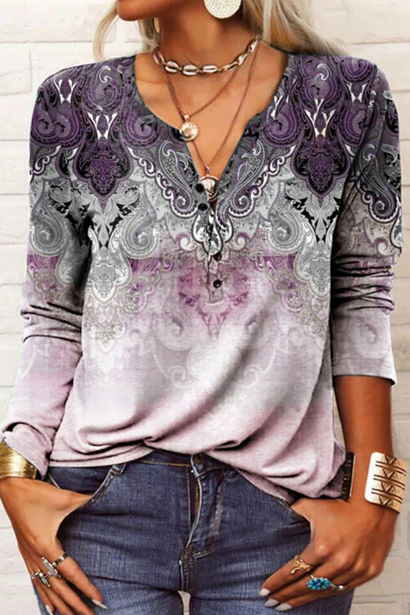 Casual Print V Neck Tops