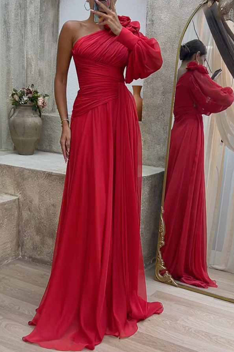 Elegant Solid Fold Oblique Collar Evening Dress Dresses - Fashionpara